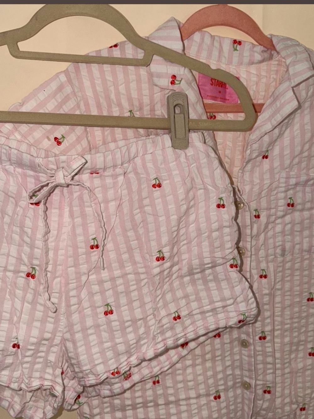 STAPLE PINK Cherry-Embroidered Seersucker Pajama Set